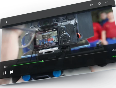 Behind the scenes Aufnahme von einer Video-Produktion mit einem Video Player darübergelegt
