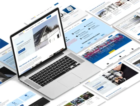 Eine Collage aus Website-Sektionen mit einem Laptop in der Mitte